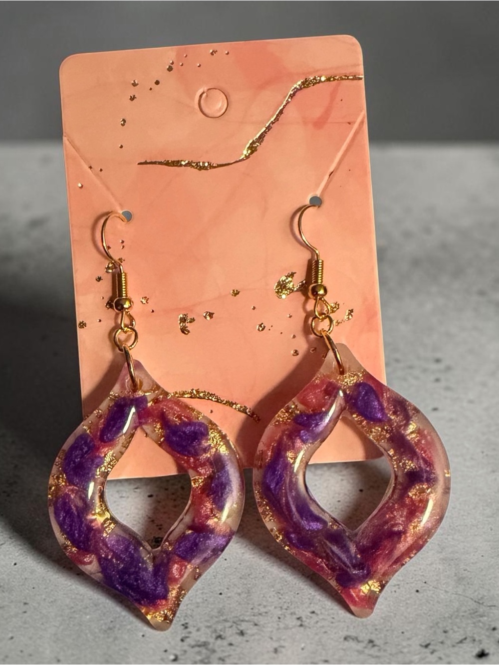 Purple & Pink Resin Teardrop Earrings with Gold Accents